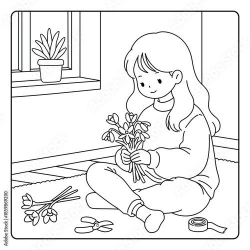 Cozy Coloring Page of a Cute Girl Making Bouquet of Snowdrops Flower. Coloring Page Printable Vector. Cozy Coloring Page for Kids, Adult. Cozy and Simple Coloring Page.