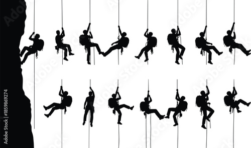 Rock climbing silhouettes vector set, professional climbers rappelling on rope, extreme adventure sport action poses isolated illustration collection