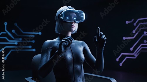 Young woman wearing virtual reality headset and interacting with invisible interface in a dark futuristic environment.