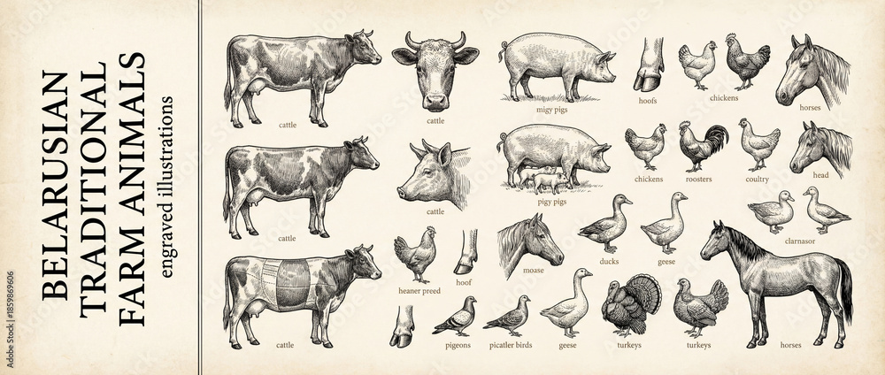 Obraz premium Engraved illustrations showcasing traditional Belarusian farm animals in a vintage style collection