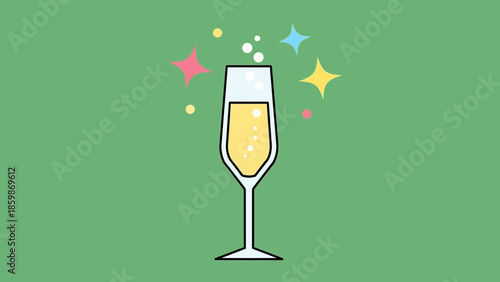 A festive champagne flute filled with bubbly yellow liquid, surrounded by sparkling stars and bubbles, on a solid green background.
