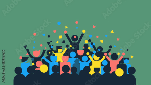 A vibrant illustration depicts a diverse group of people celebrating with confetti and abstract shapes against a green background.