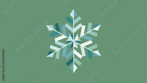 A stylized, geometric snowflake design in shades of blue and white against a muted green background.