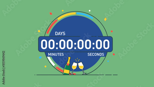 A digital countdown timer displays 00:00:00:00 with a champagne bottle and glasses, set against a festive background.