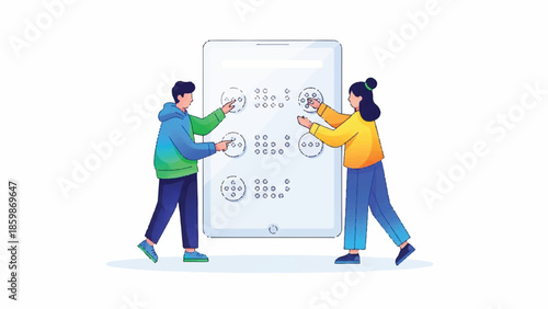 Two people interacting with a large smartphone displaying various charts and graphs