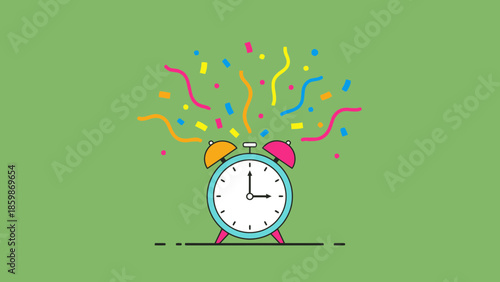 A vintage alarm clock erupts with colorful confetti and streamers, celebrating a moment in time.