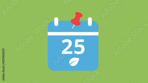 A blue calendar icon with the number 25 and a leaf symbol, pinned to a green background.