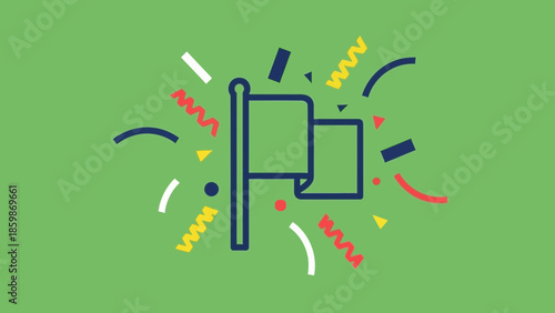 A celebratory illustration of a flag with confetti and streamers, symbolizing achievement or victory.