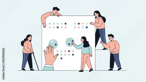 Group of people collaborating on a large project together standing around a big whiteboard