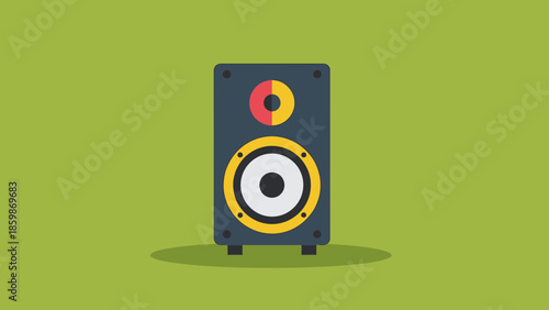A graphic illustration of a single, tall, dark blue speaker with a prominent white and yellow woofer and a smaller red and yellow tweeter above it, set against a plain green background.