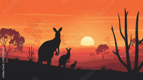 Kangaroo family watching orange sunset over Australian landscape