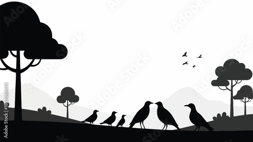 A group of birds standing together on a hill with trees in the background