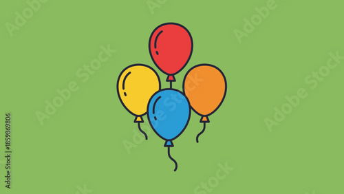 A cluster of four colorful balloons, red, yellow, blue, and orange, floating against a plain green background.