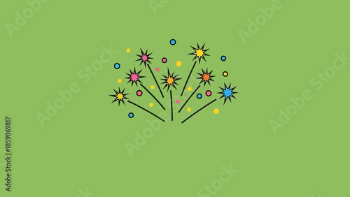 A colorful illustration of a firework bursting with sparks and dots against a plain green background.