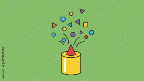 A party popper exploding with colorful geometric shapes against a green background.