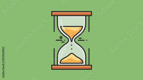 A stylized illustration of an hourglass with sand flowing from the top bulb to the bottom bulb, set against a plain green background.