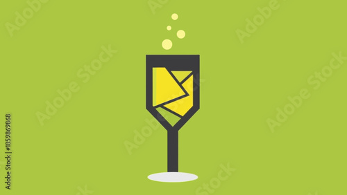 A minimalist illustration of a champagne glass filled with abstract yellow shapes and bubbles rising against a green background.