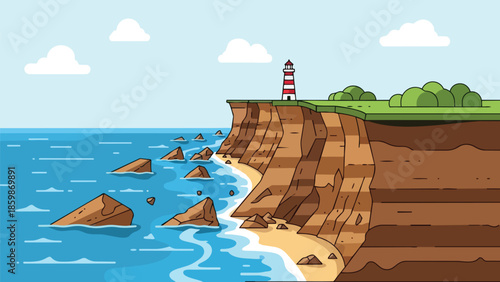 Cartoon coastal landscape featuring a striped lighthouse on rugged cliffs overlooking a vibrant blue sea with sandy beach and scattered rocks under