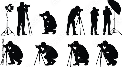 Photographer silhouettes vector collection, professional camera shooting poses set, studio and outdoor photography scenes, creative media work illustration, black minimal design