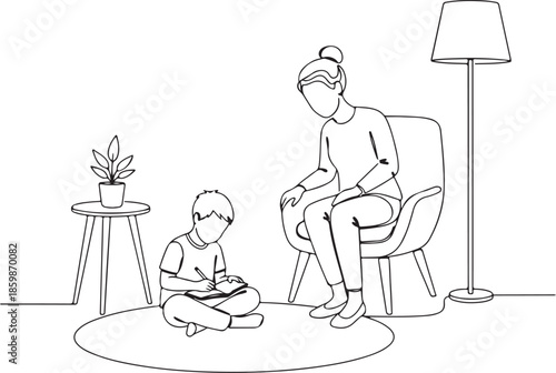 Minimalist continuous line drawing of a mother or parent supervising a child or student doing homework, writing, or drawing on the floor, illustrating family learning and education at home