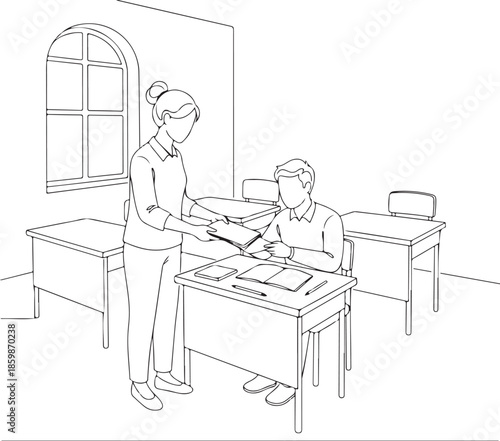 Teacher handing a book or materials to a student in a bright classroom setting, symbolizing education, learning, and academic support
