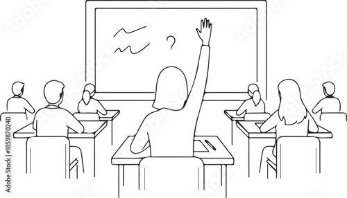  Student Raising Hand in a Classroom Setting, Illustrating Education, Learning, and Participation in School or University.