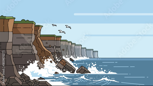 Vibrant cartoon scene of powerful ocean waves crashing against eroding coastal cliffs with seagulls soaring