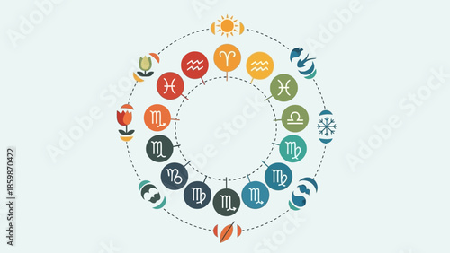 Zodiac Wheel with Astrological Symbols and Seasonal Icons