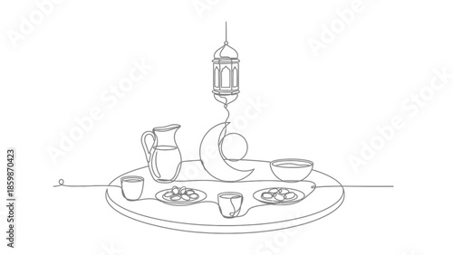 Ramadan Iftar Table Setup with Lantern, Crescent Moon, Dates, and Drinks - Continuous Line Art