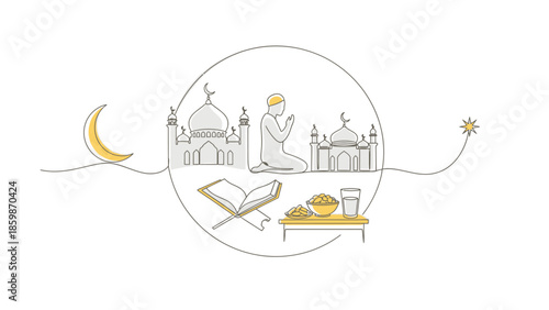 Ramadan Islamic Illustration: Prayer, Quran, Mosques, Crescent Moon, Iftar Food