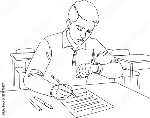 Young Man Taking Exam in Classroom, Student Concentrating on Test Paper and Checking Time, Education and Academic Pressure Line Art Illustration