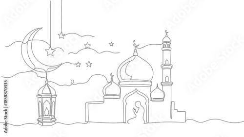 Ramadan Islamic Mosque with Crescent Moon, Stars, and Lantern - Continuous Line Art
