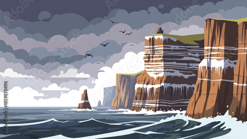 Dramatic Ocean Cliffs Under Brooding Skies with Soaring Seabirds and Crashing Waves