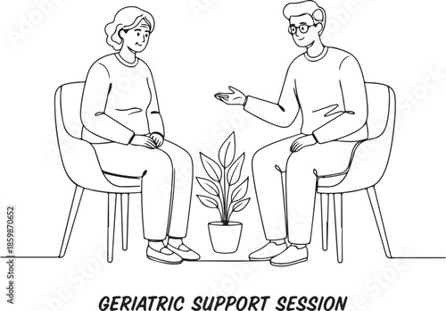Geriatric Support Session Line Art Illustration of a Senior Woman and a Male Counselor Discussing Mental Health, Elderly Care, and Psychological Wellbeing