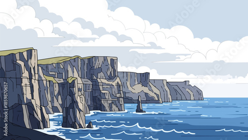 Vibrant cartoon illustration of majestic coastal cliffs overlooking the vast blue ocean under a cloudy sky