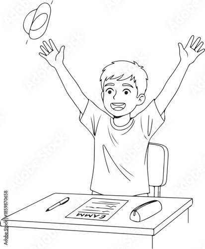  Happy boy celebrating success after finishing an exam or test, a young student joyfully throwing a cap in the air at his desk, line art illustration