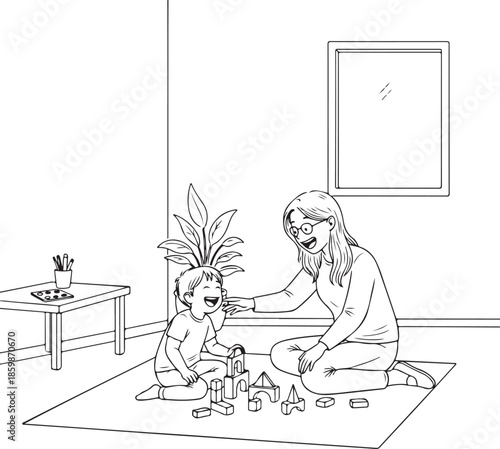  Joyful Mother and Child Playing with Building Blocks, Parent and Kid Enjoying Creative Play with Construction Toys at Home
