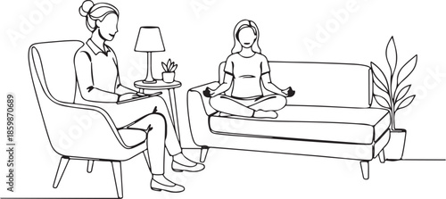 Line art illustration of a woman meditating with a psychologist or counselor in a therapy session, symbolizing mental health, wellness, and mindfulness consultation
