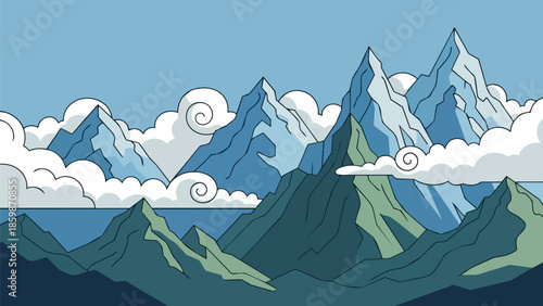 Stylized mountain range with swirling clouds under a clear blue sky