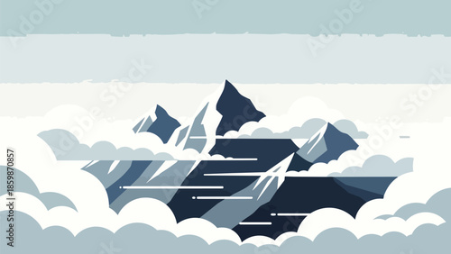 Majestic peaks pierce through soft cloud layers in a serene alpine vista, showcasing crisp, minimalist flat design artwork and an expansive horizon