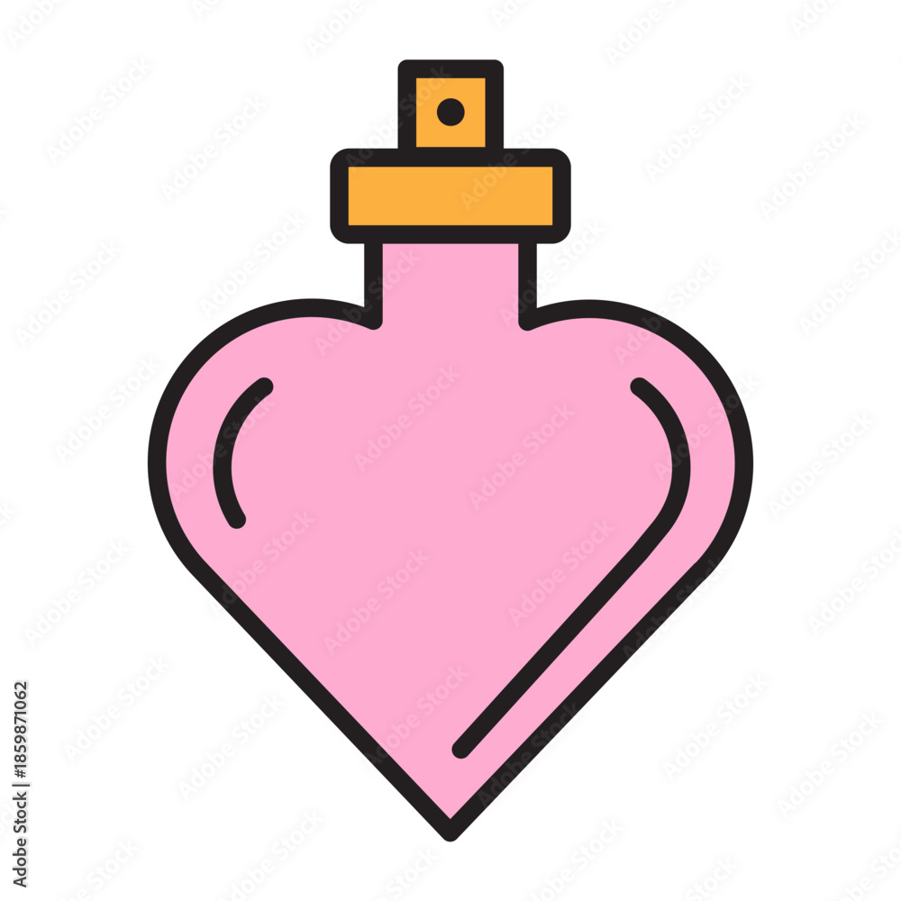 Obraz premium Linear icon of heart shaped perfume bottle with editable stroke and color fill for Valentine’s Day. Elegant fragrance, romance, dating, beauty, wedding gift, and love scent symbol for design projects