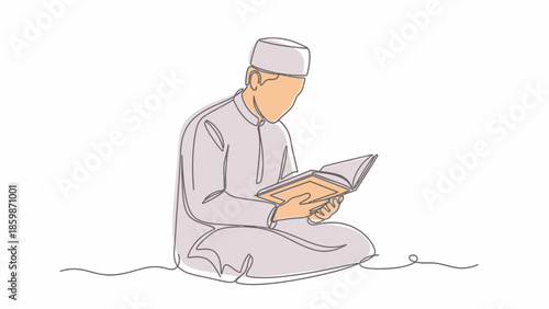 Single line drawing of a Muslim man wearing traditional clothing reading a book