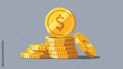 Stack of golden coins with dollar and euro symbols on grey background