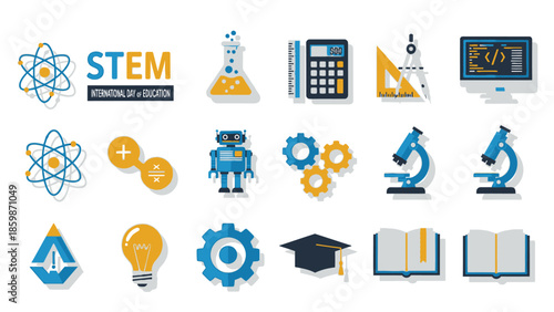 STEM Education Icons: Science, Technology, Engineering, Math, Robotics, Coding, Graduation