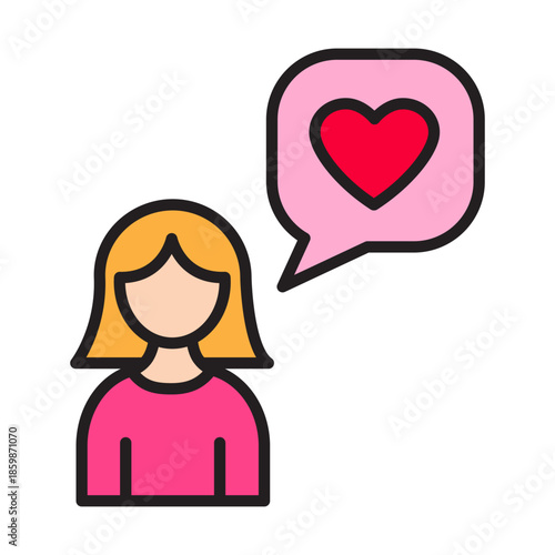 Linear woman with heart message icon, editable stroke and color fill for Valentine’s Day. Romantic female avatar, love chat bubble symbol for dating app, romance, message, greeting card