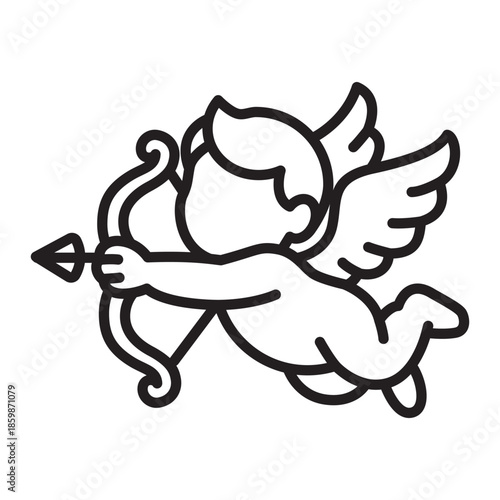 Minimal linear vector icon of flying cupid with bow and arrow, editable stroke. Romantic Valentine Day symbol in modern outline style for cards, posters, banners and branding.