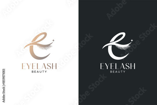 Luxurious letter E eyelash logo design with elegant sparkling eye silhouette. Creative feminine monogram for beauty salon, lash artist, makeup studio, and cosmetic clinic branding