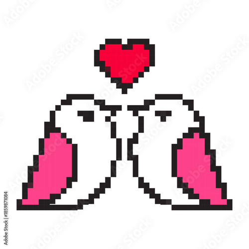 Pixel love birds icon for Valentine’s Day. Cute 8-bit couple with romantic heart vibe, ideal for games, apps, stickers, greeting cards, and seasonal love-themed designs