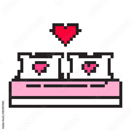 Pixel art double bed with heart for Valentine’s Day. Cute 8-bit romantic bedroom, love, relationship, honeymoon, hotel, dating, and wedding night symbol for game, app, sticker, card