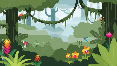 Vibrant flat design illustration of a lush tropical rainforest teeming with exotic flora and diverse wildlife